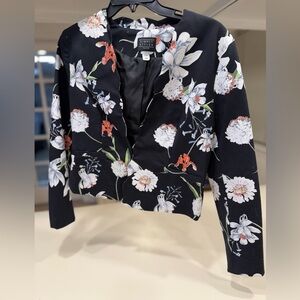 Simply Styled Black Floral Cropped Blazer with White and Coral Blooms
